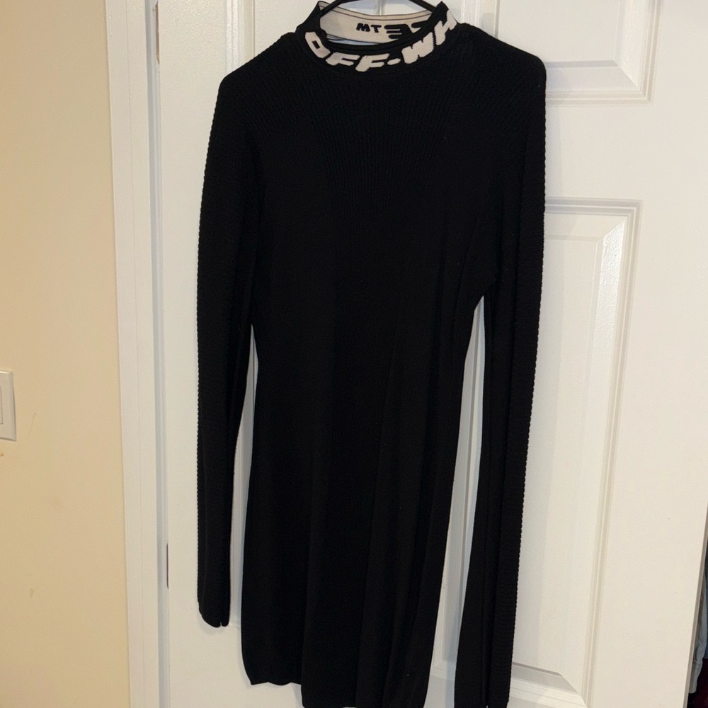 Off-White Black Ribbed Knit Dress Logo Collar Designer Bodycon Size 42 - Picture 5 of 6